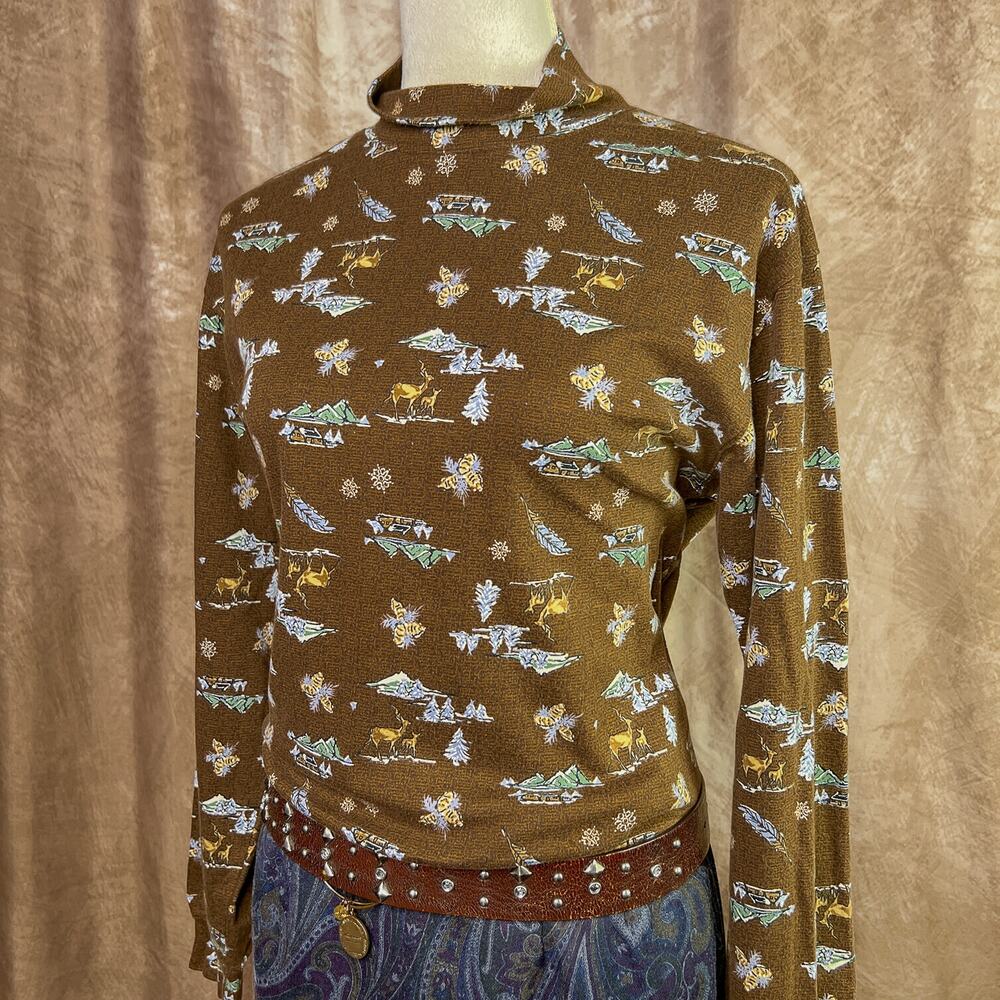 Vintage 90s Mountain Cabin Patterned Shirt Deer Print Top Mock Neck Long Sleeve
